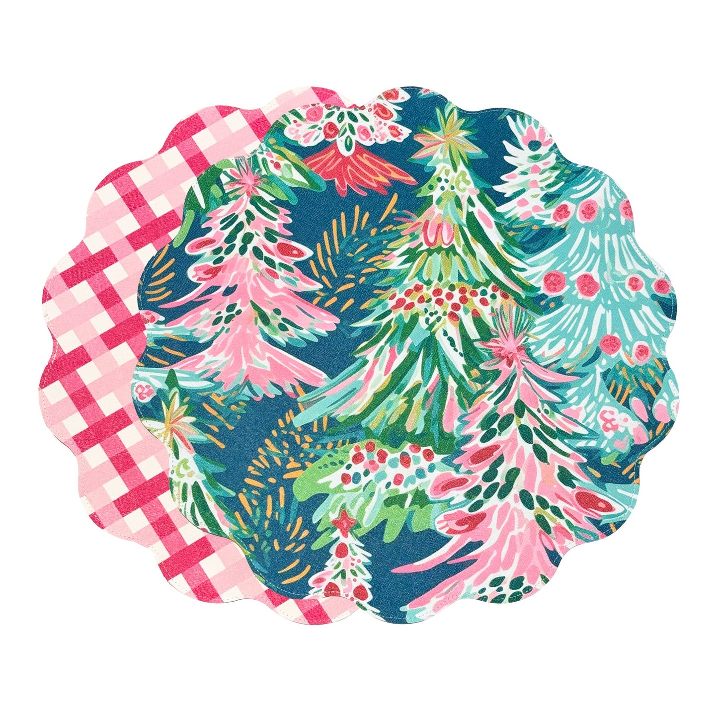 VIDA Holiday Trees and Preppy Plaid Reversible Round Placemats Set of 4 Pink & Green