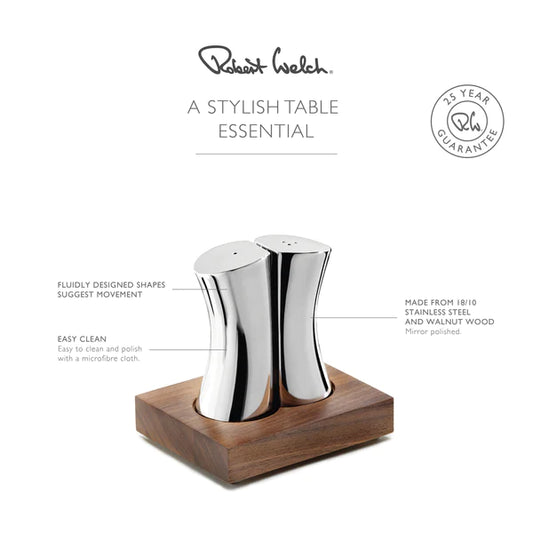 Robert Welch Drift Salt & Pepper Shakers on Walnut Stand