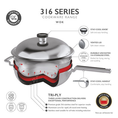 316 Series Cookware Wok with Lid 22cm