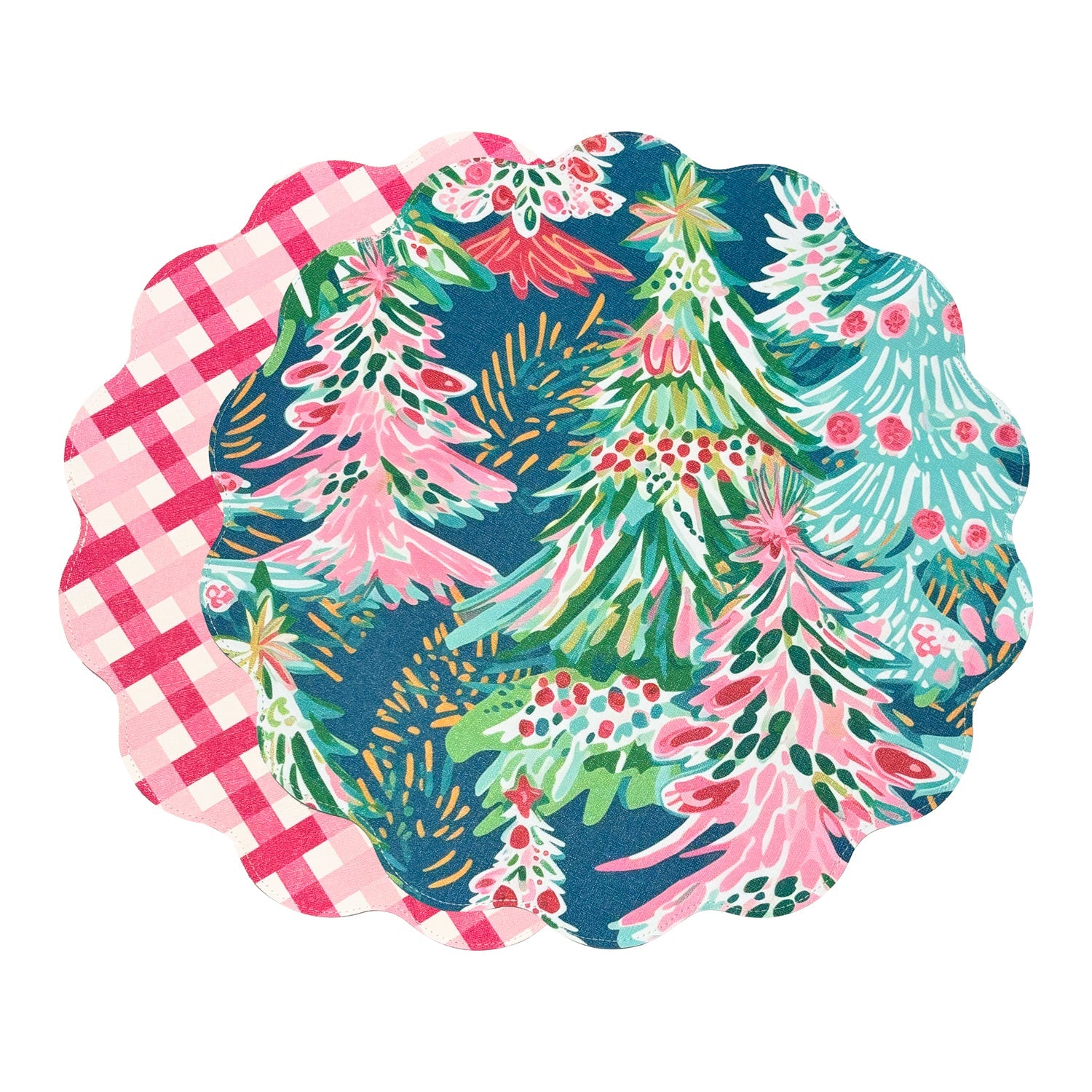 VIDA Holiday Trees and Preppy Plaid Reversible  Round Placemats Set of 4 Pink & Green
