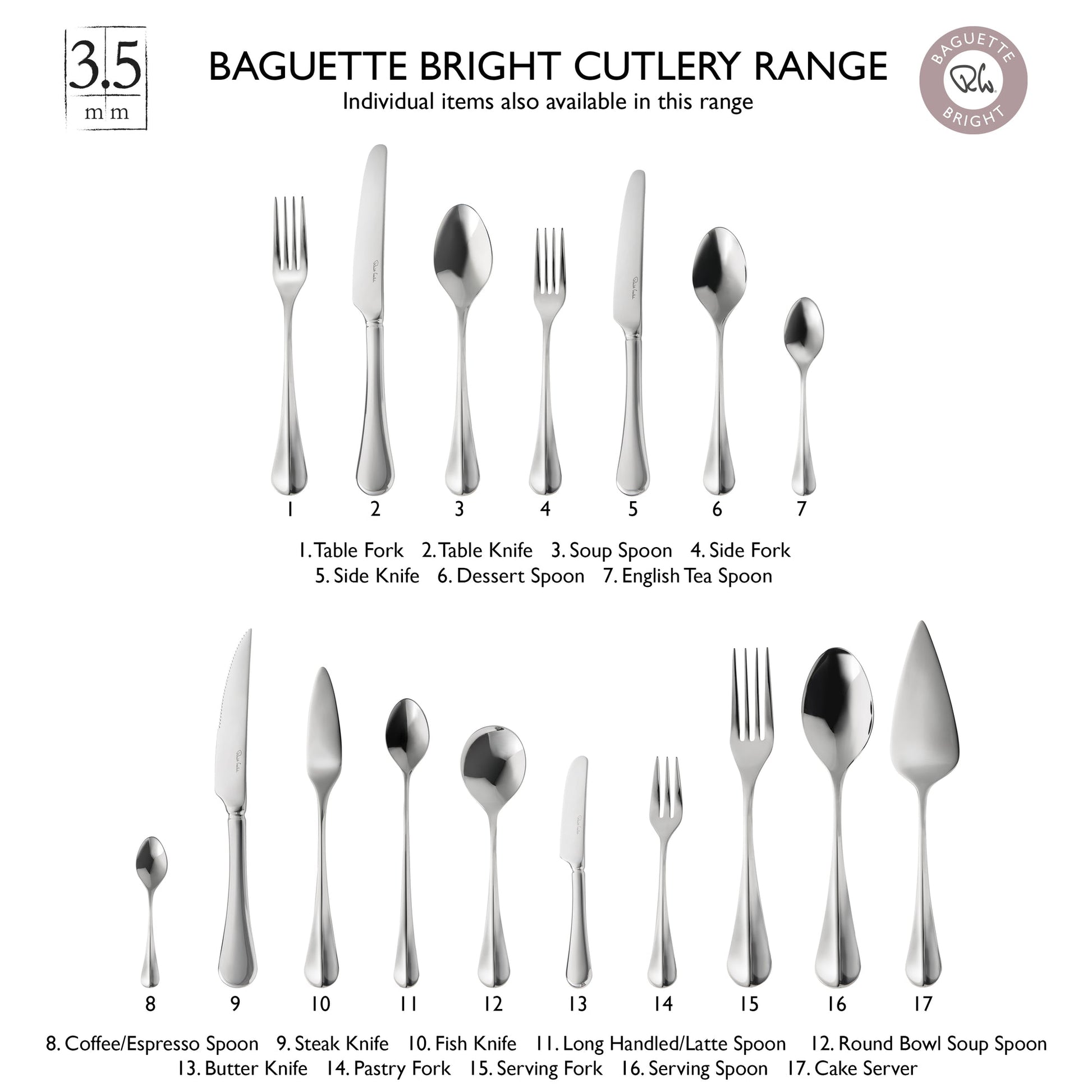 Baguette Bright Cutlery Set, 84 Piece for 12 People