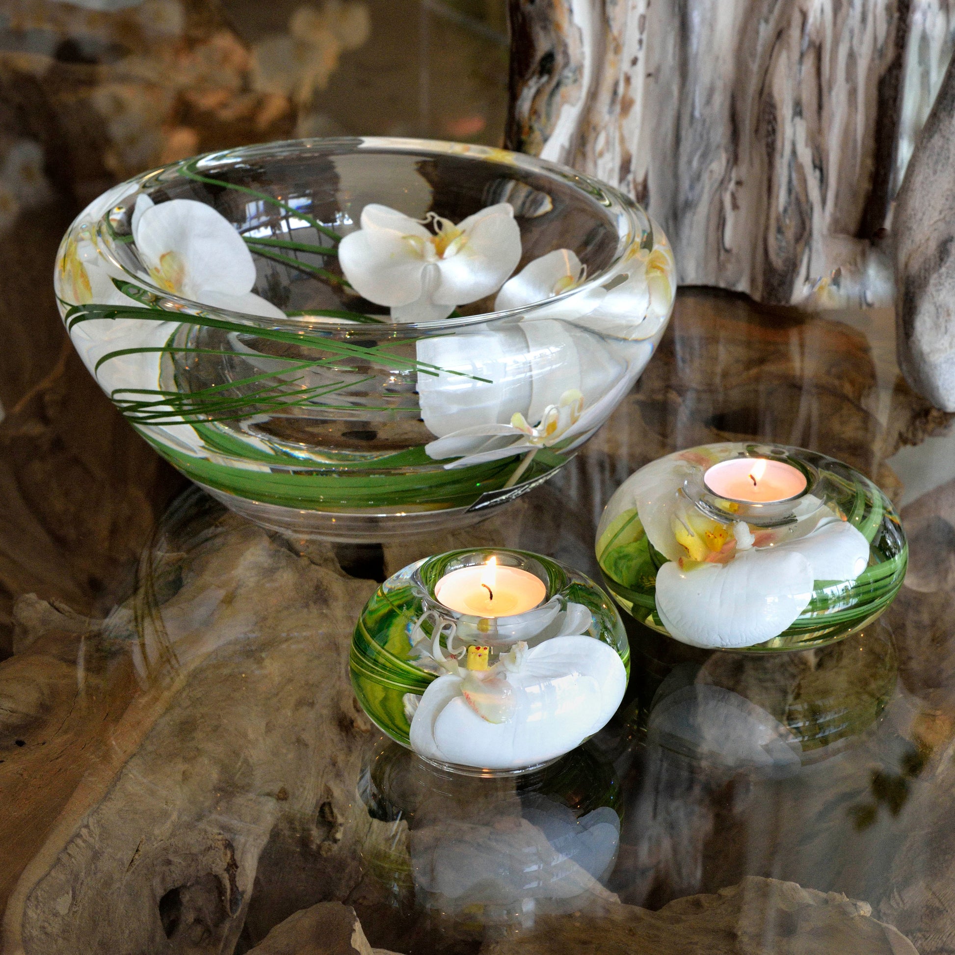 White Phalaenopsis Orchid T-Light Candle Holder