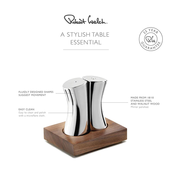 Robert Welch Drift Salt & Pepper Shakers on Walnut Stand