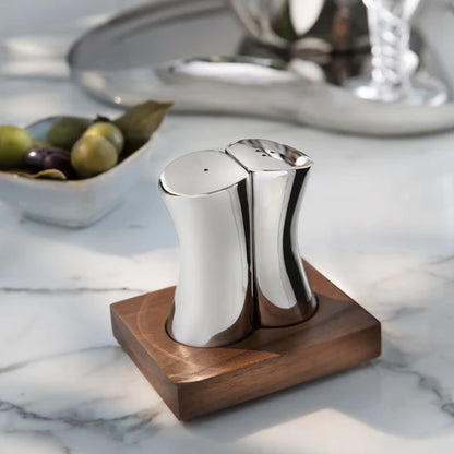Robert Welch Drift Salt & Pepper Shakers on Walnut Stand