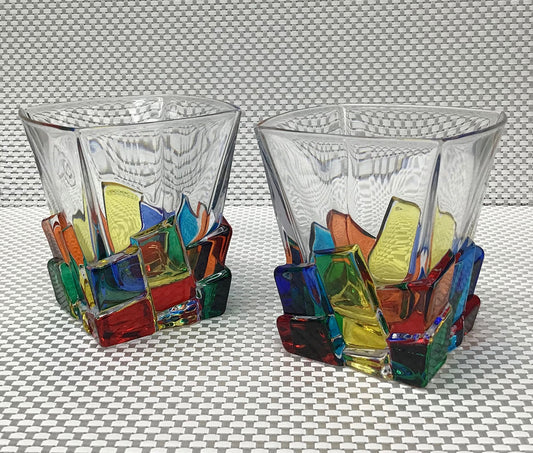 Cracked Ice Collection Multi-Colored Whiskey Glass (Italian Glass)