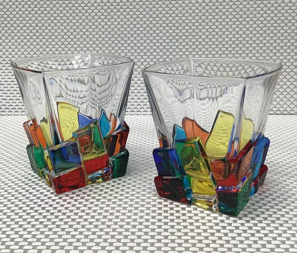 Italian Glass Cracked Ice Collection Two Whiskey Glasses