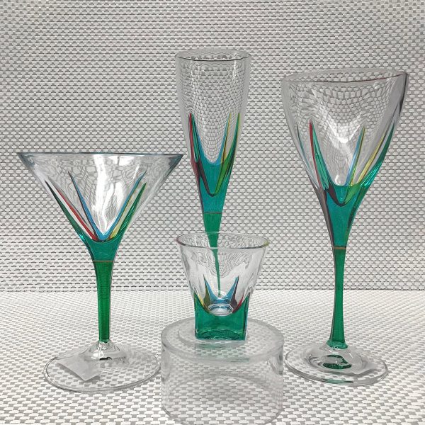 Italian Glass Fusion Collection - Wine Glass, Martini Glass, Champagne Flute and Shot Glass - green stems