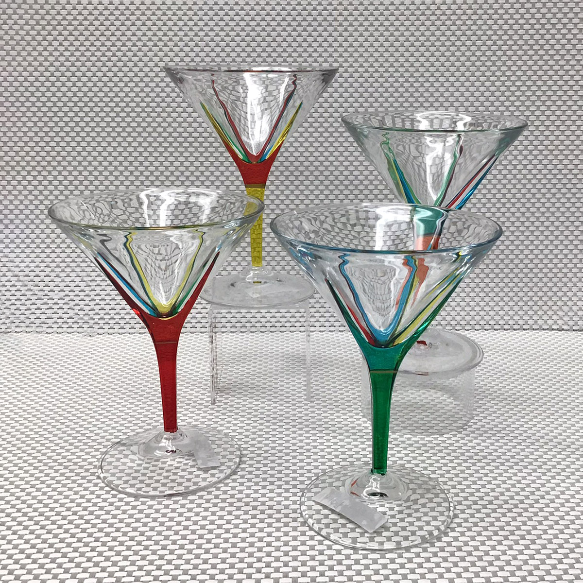 Vintage Crystal Ruby with Clear Two Ball Stem Liquor Cocktail Glass Set of  Four