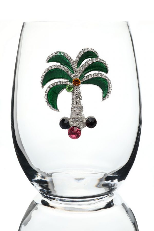 Jeweled Stemless Wine Glass - Palm Tree