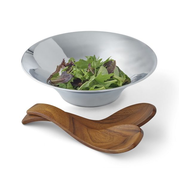 Nambe Chillable Salad Bowl & Servers pictured with salad greens