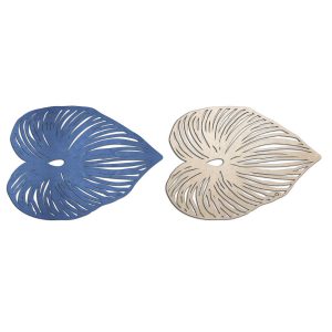 Placemat shaped like a leaf in blue and rose gold