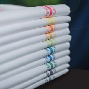 10 white napkins with different color stripes