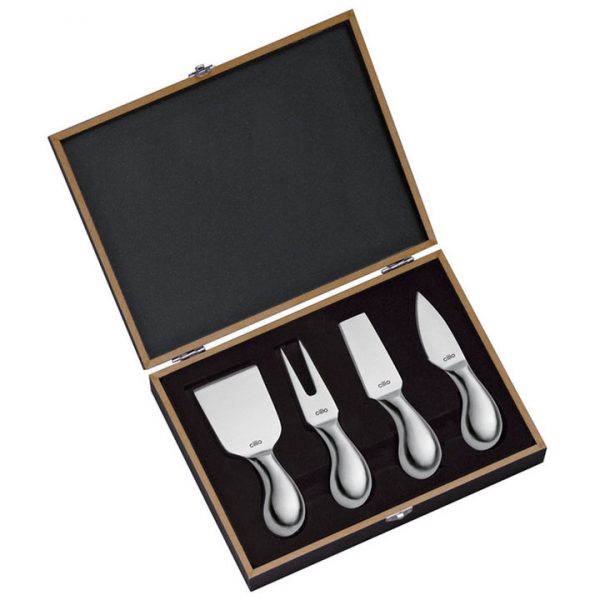Cilio Cheese Knife Boxed Set, open, showing four cheese knives