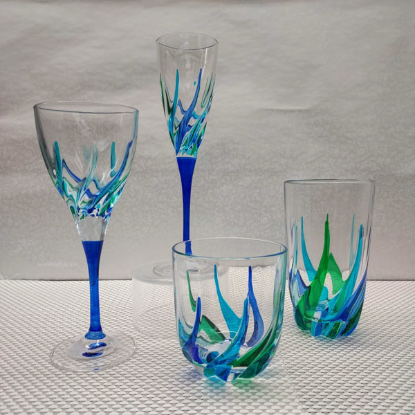 Trix Collection Peacock Wine Glass, Champagne Flute, Double Old Fashioned, and Hi-Ball Glass