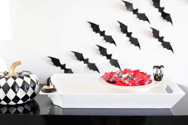 Nora Fleming Mini What's Up Witches attached to a candy tray as part of other Halloween decor
