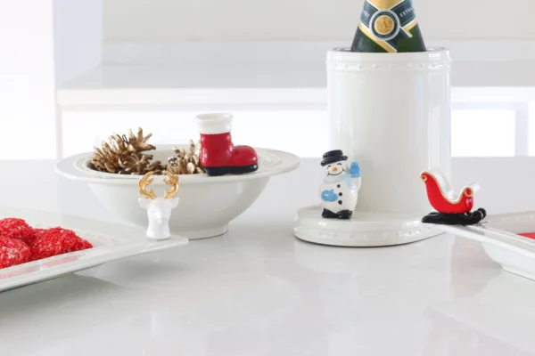 Nora Fleming Mini Santa boot and other holiday themed minis attached to various trays