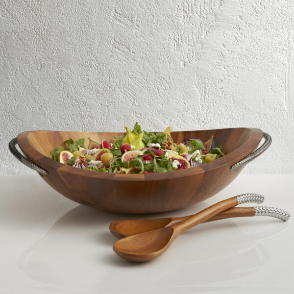 Nambe Braid Acacia Wood Salad Bowl filled with salad on gray background