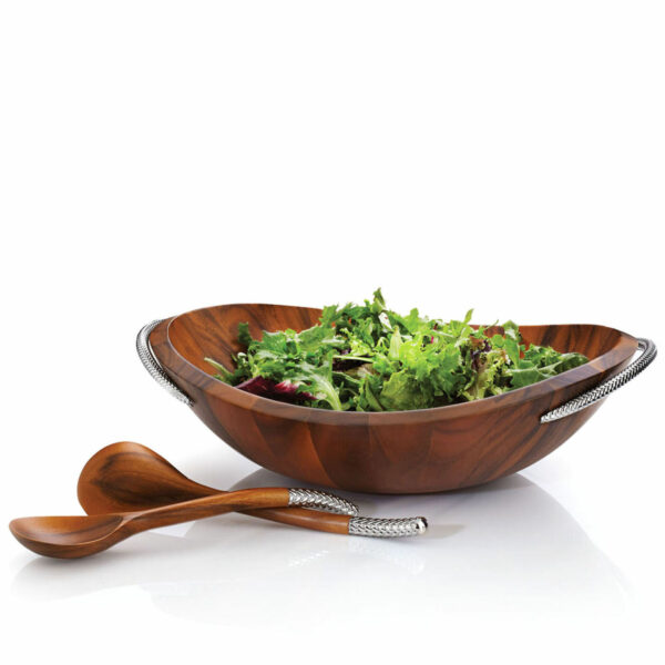 Nambe Braid Acacia Wood Salad Bowl filled with salad