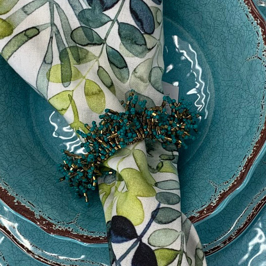 Turquoiise and Gold Beaded Napkin RIng