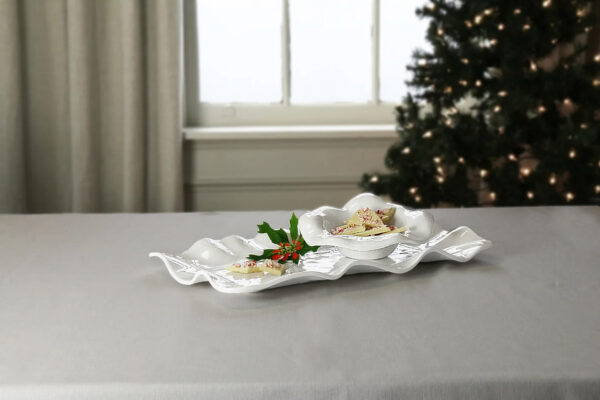 Long White Rectangular Serving Platter with Christmas decor