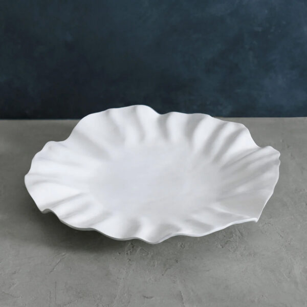 Bloom Large Round White Platter on gray table