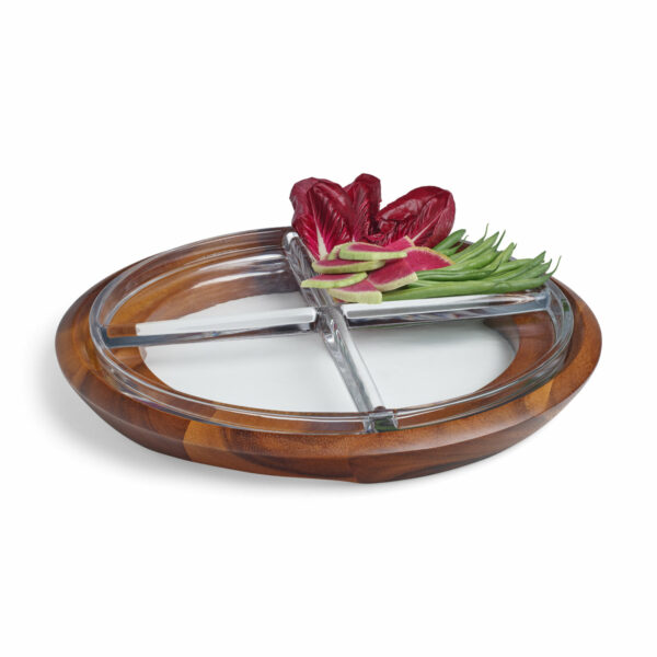 Cooper Crudite Tray - acacia wood and glass - with crudite on the glass surface