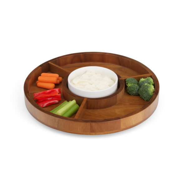 Nambe Duets Lazy Susan - acacia wood sections filled with cut veggies and porcelain bowl filled with sauce