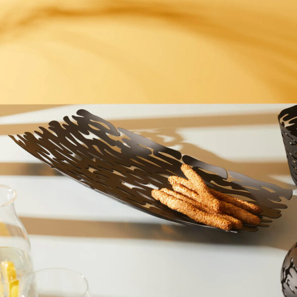 Alessi Bark Centerpiece Black on table with breadsticks