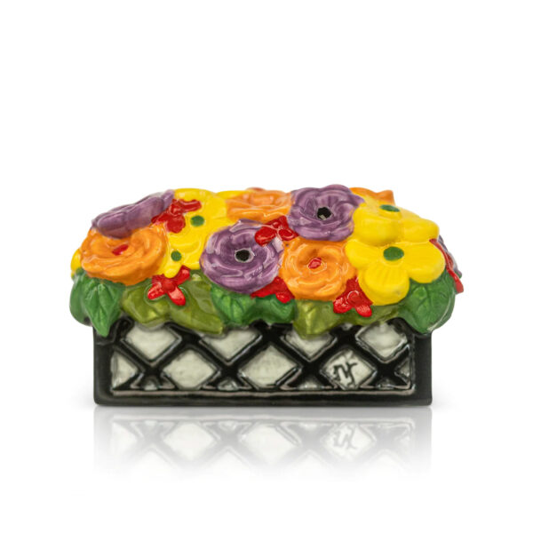 Nora Fleming mini Love Blooms Here shaped like a window box filled with colorful flowers